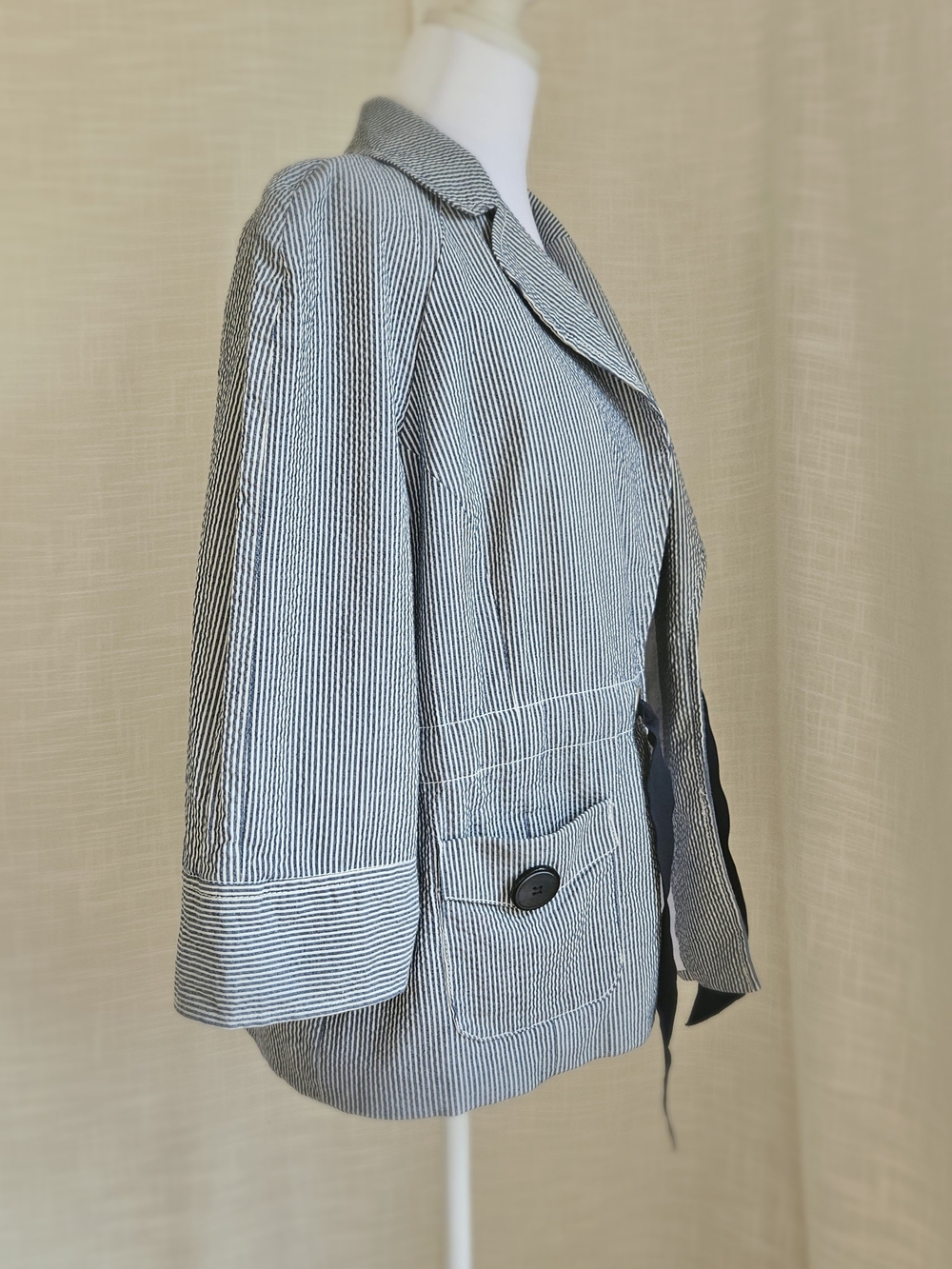 Willi Smith Coastal Seersucker Blue White Striped Utility Blazer Jacket Size L - Picture 3 of 12